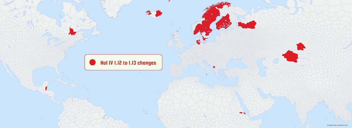 A map showing the latest updates to the HoI IV provinces map.